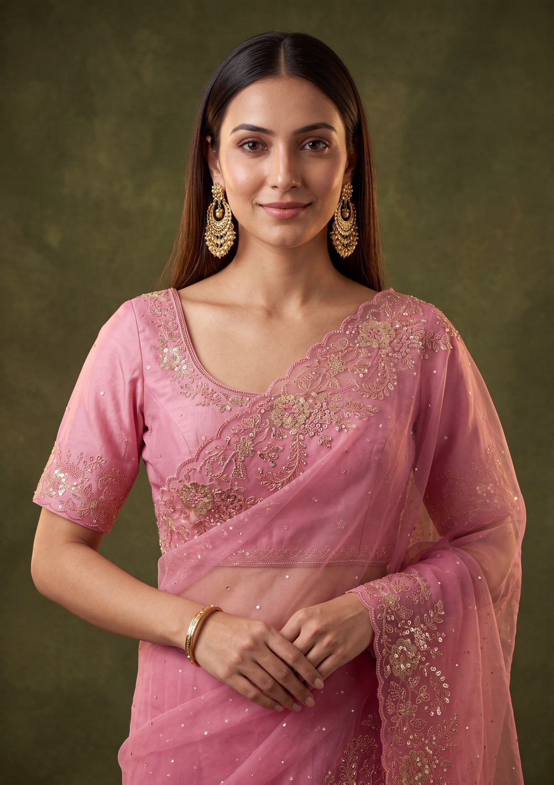 Onion Pink Tissue Threadwork Saree With Matching Blouse Piece