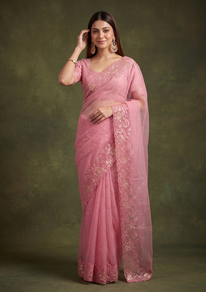 Onion Pink Tissue Threadwork Saree With Matching Blouse Piece