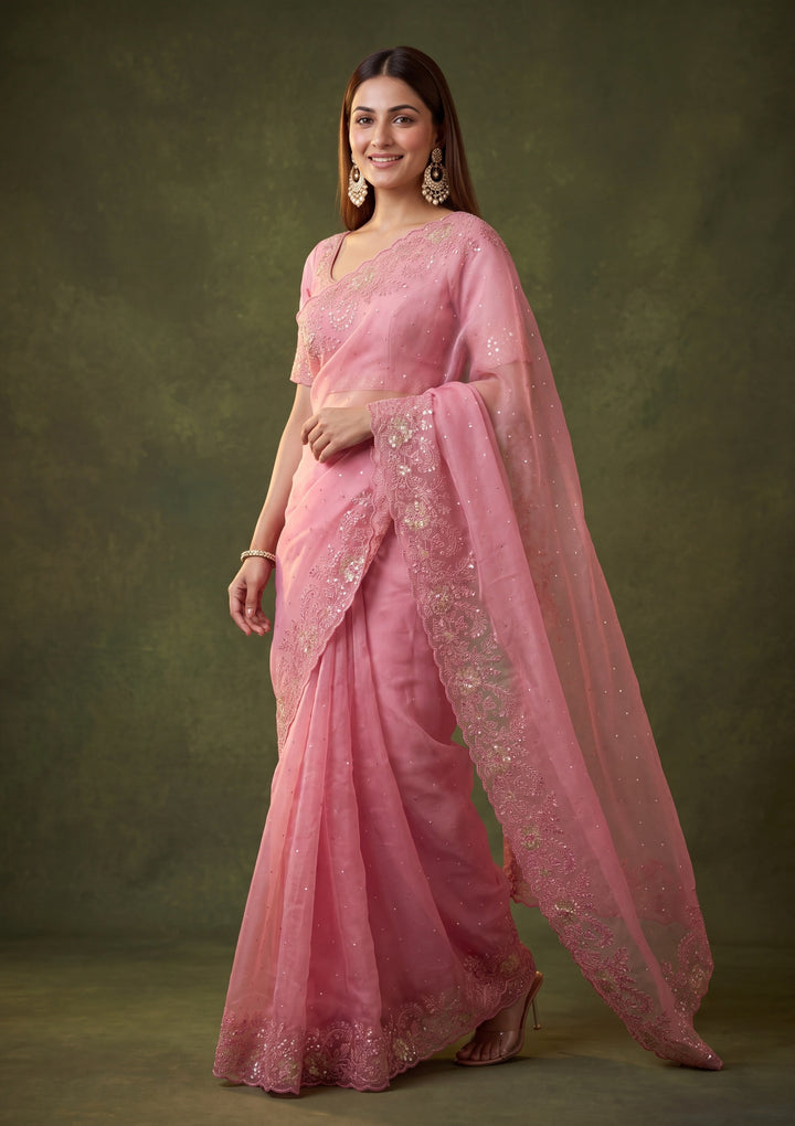 Onion Pink Tissue Threadwork Saree With Matching Blouse Piece