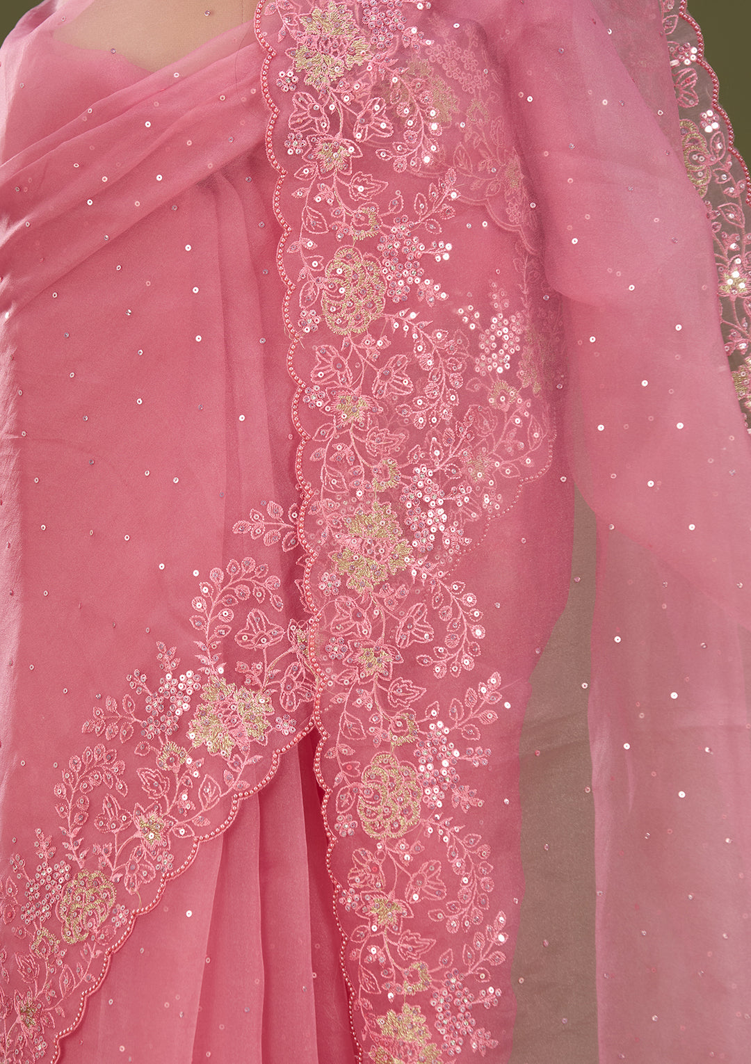 Onion Pink Tissue Threadwork Saree With Matching Blouse Piece