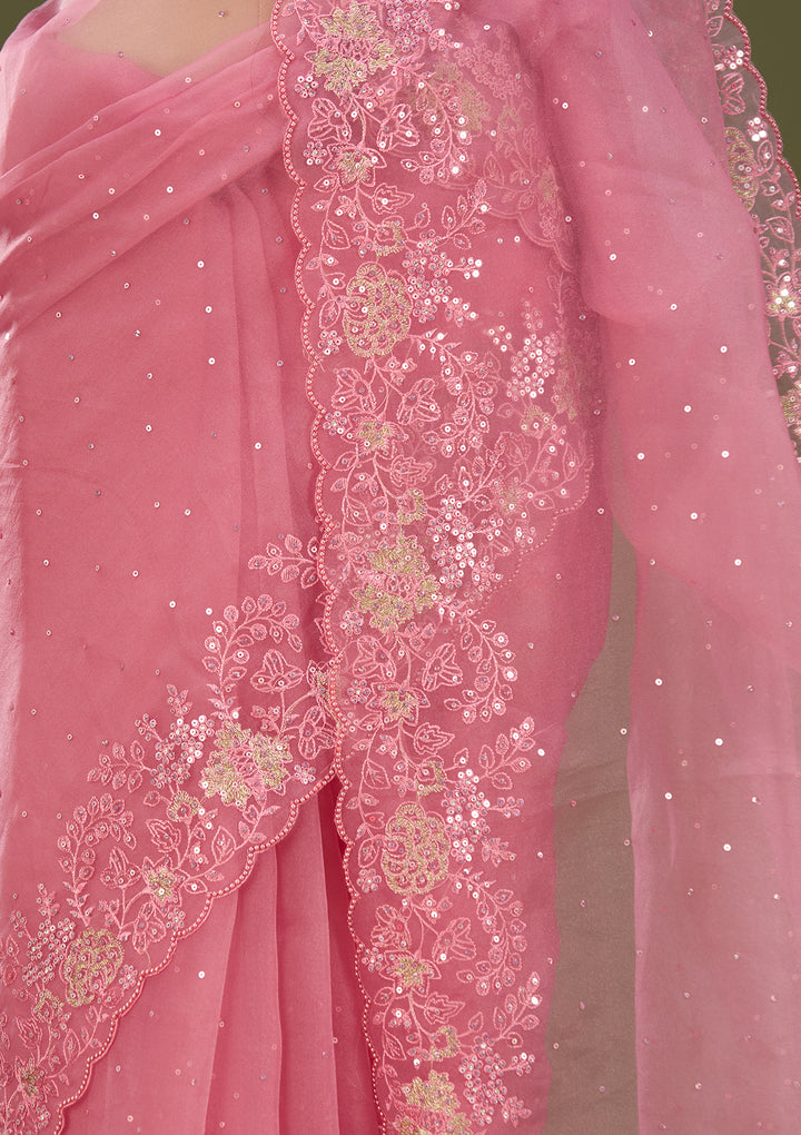 Onion Pink Tissue Threadwork Saree With Matching Blouse Piece
