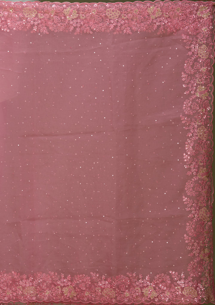 Onion Pink Tissue Threadwork Saree With Matching Blouse Piece