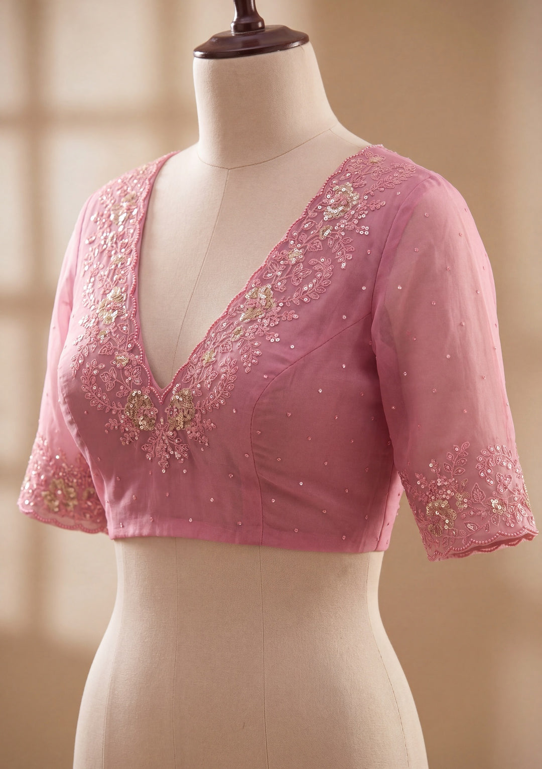 Onion Pink Tissue Threadwork Saree With Matching Blouse Piece