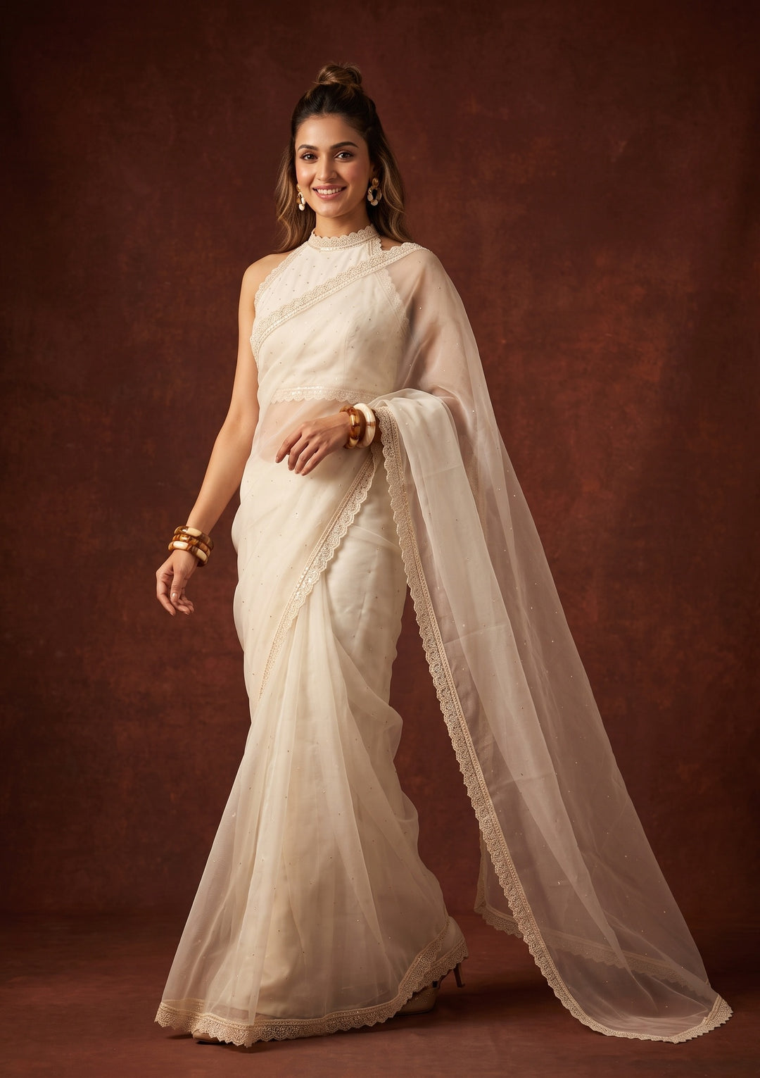 Off White Pearlwork Organza Saree