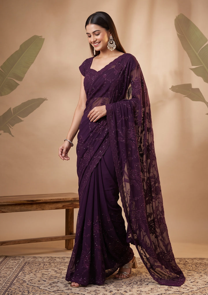 Purple Swarovski Georgette Saree
