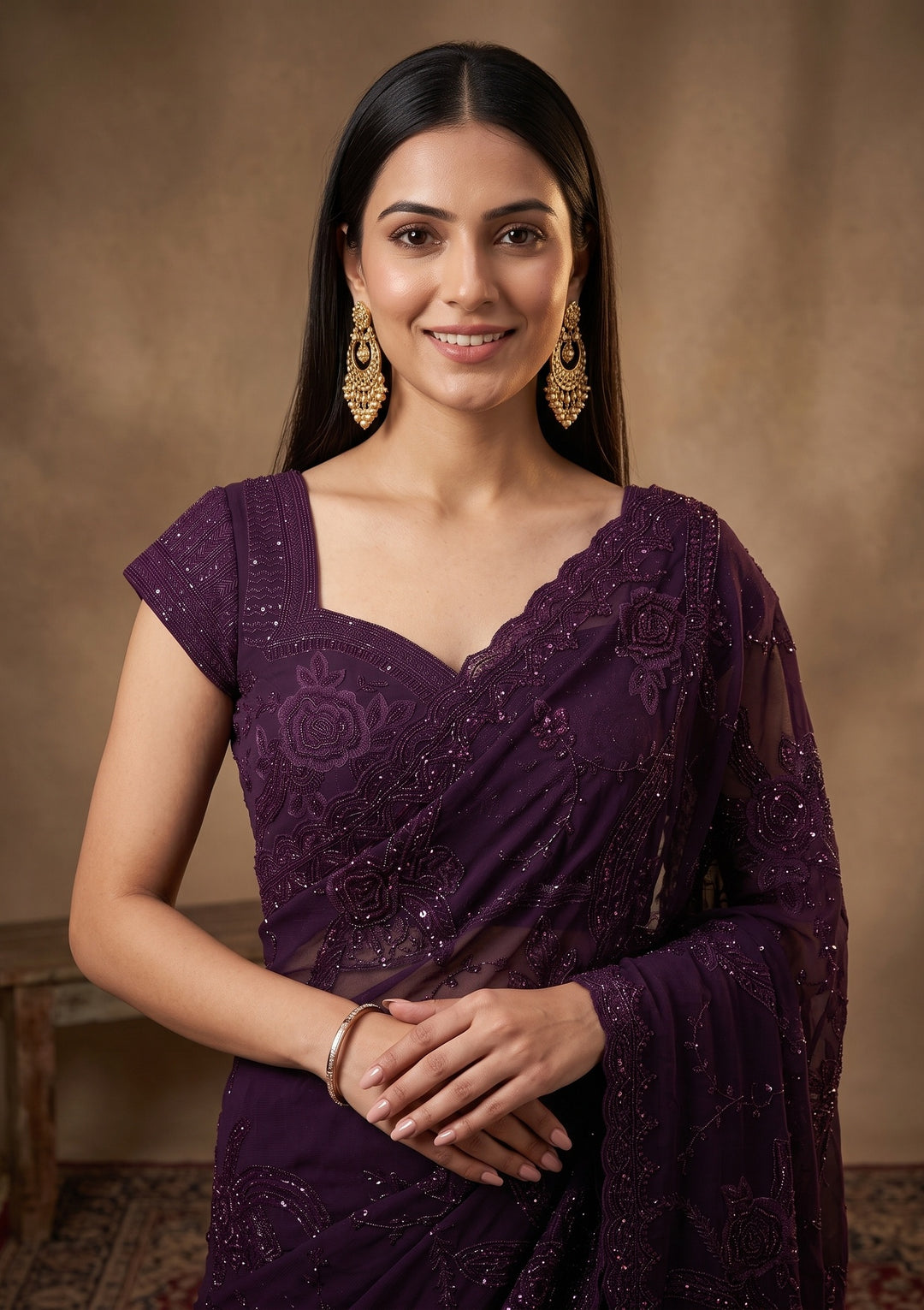 Purple Swarovski Georgette Saree