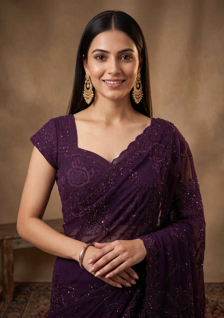 Purple Swarovski Georgette Saree