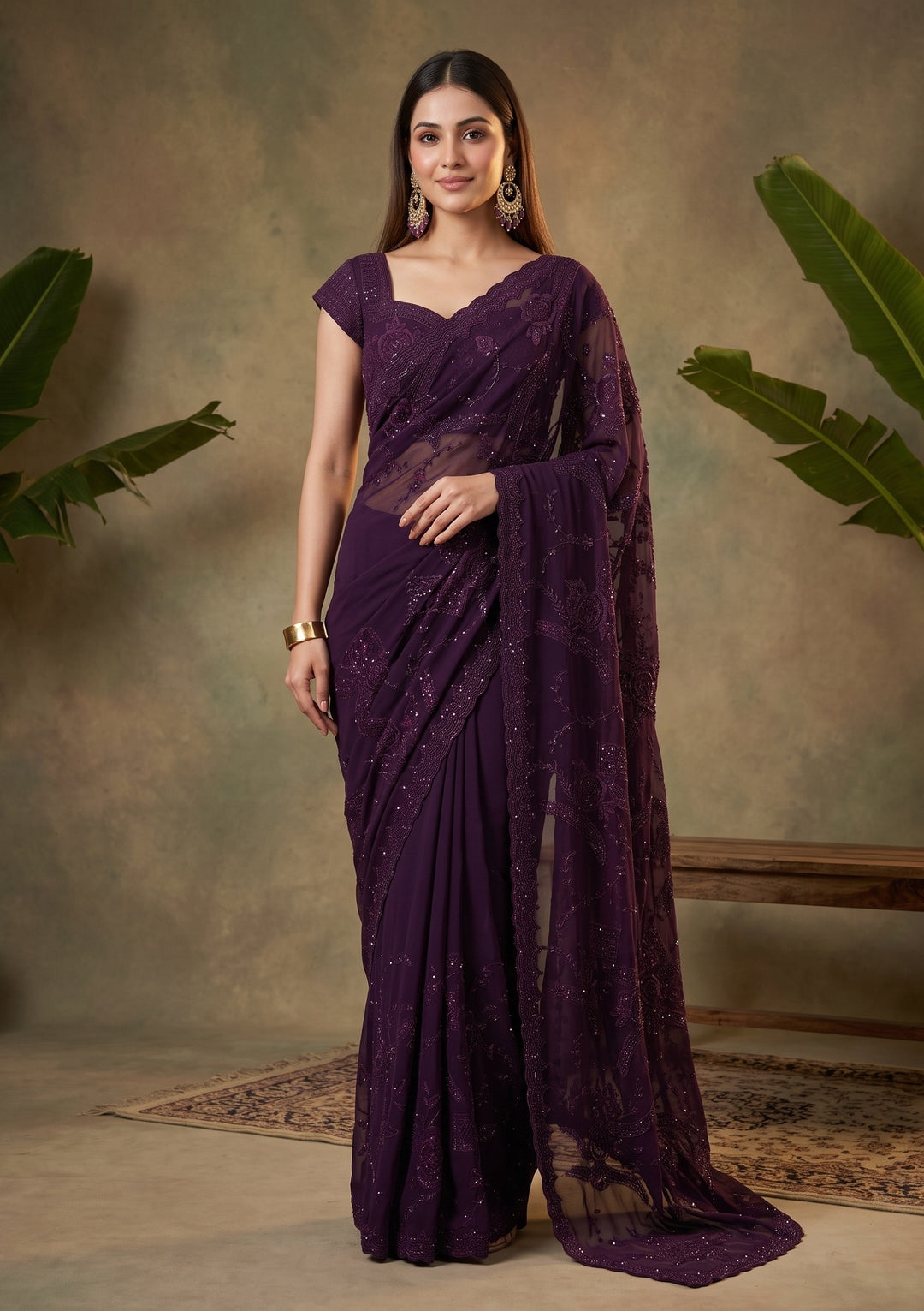 Purple Swarovski Georgette Saree