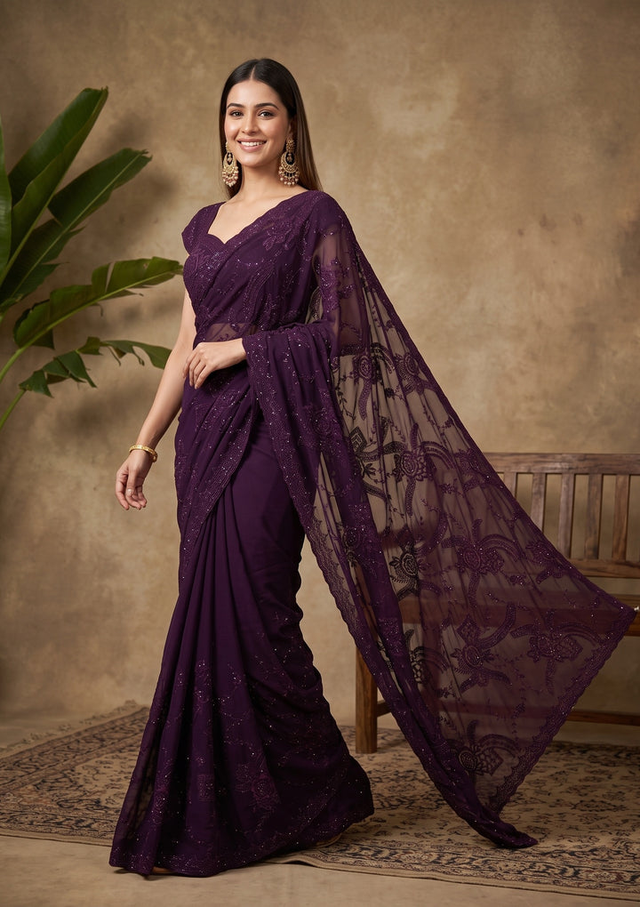 Purple Swarovski Georgette Saree