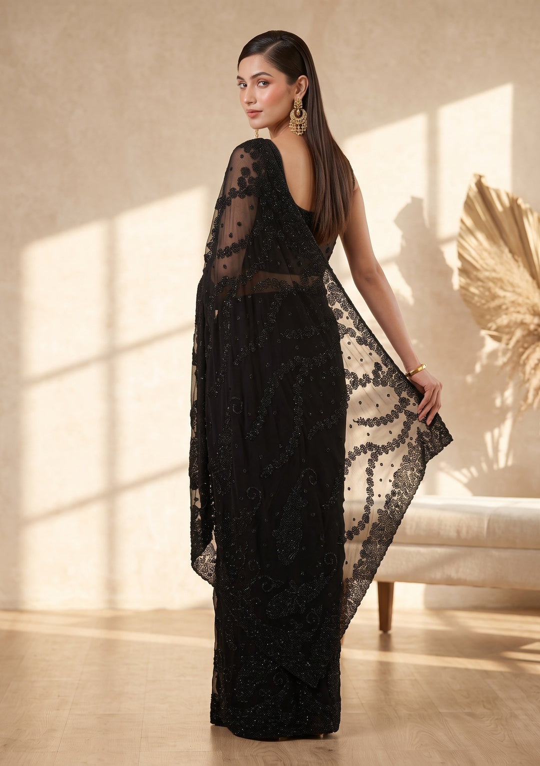 Black Swarovski Georgette Saree