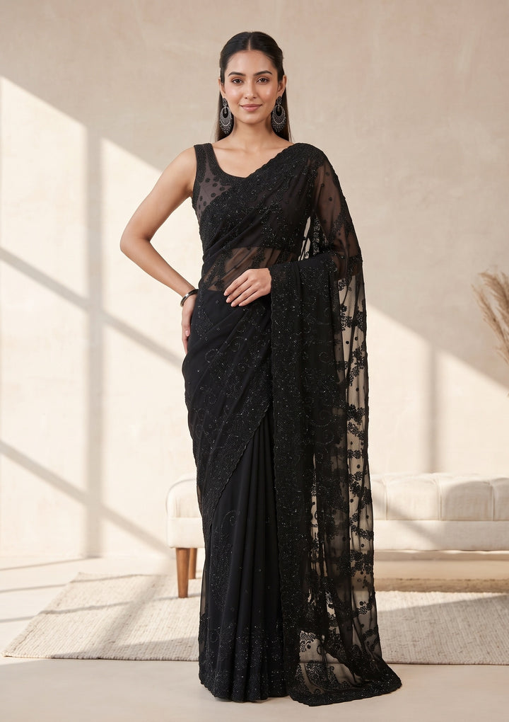 Black Swarovski Georgette Saree
