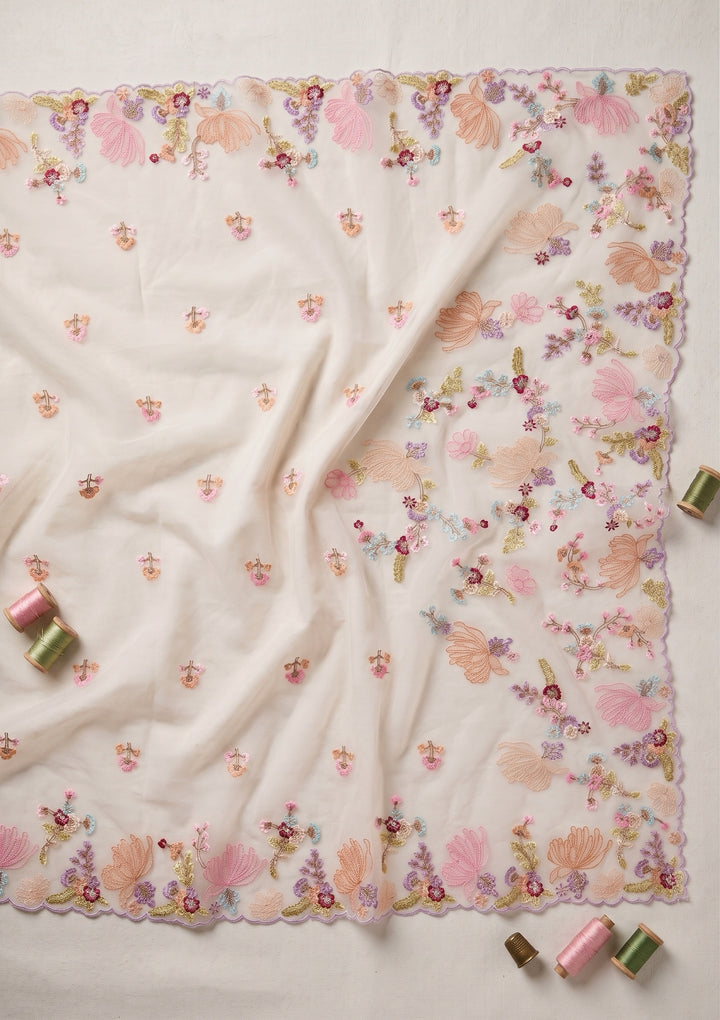 Beige Threadwork Organza Saree