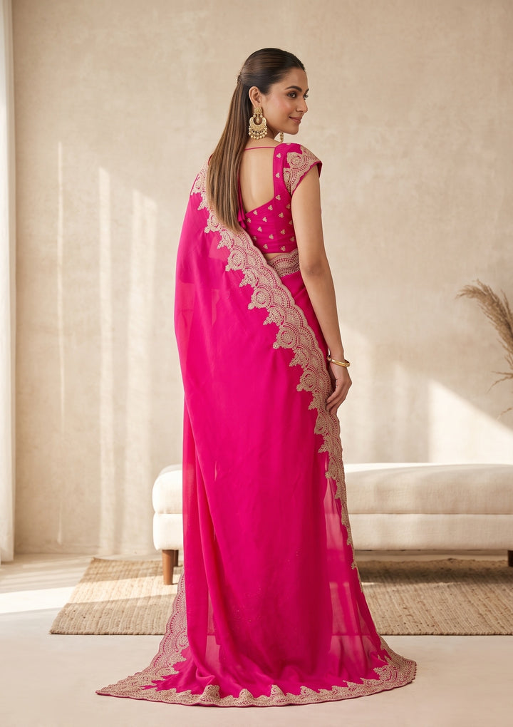 Rani Pink Stonework (Gold) Satin Saree