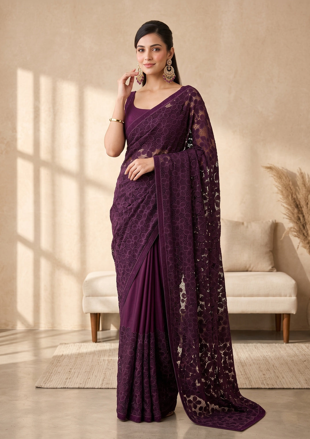 Wine Swarovski Satin Saree