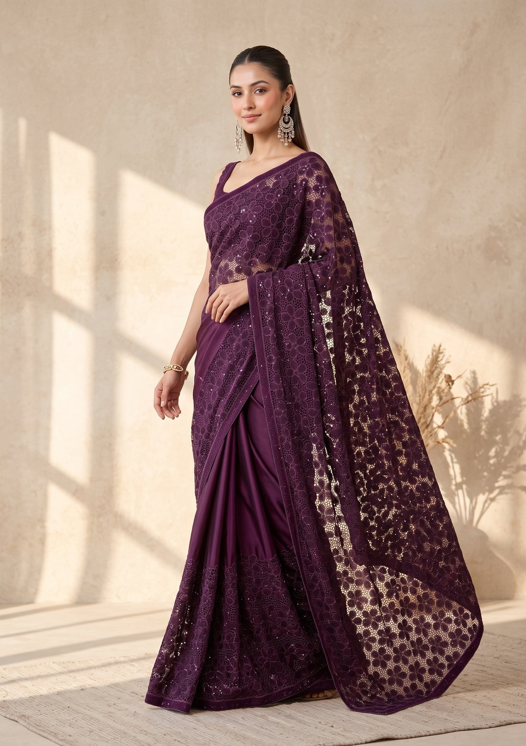 Wine Swarovski Satin Saree