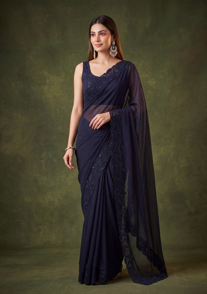 Navy Blue Satin Swarovski Saree With Matching Blouse Piece