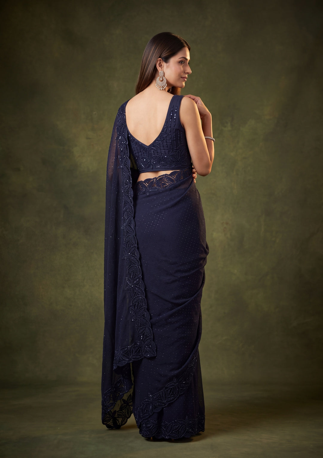 Navy Blue Satin Swarovski Saree With Matching Blouse Piece