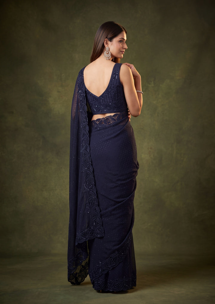 Navy Blue Satin Swarovski Saree With Matching Blouse Piece