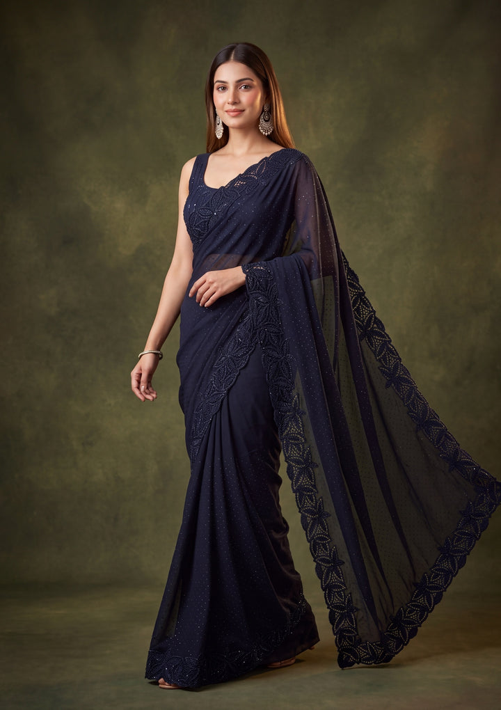 Navy Blue Satin Swarovski Saree With Matching Blouse Piece