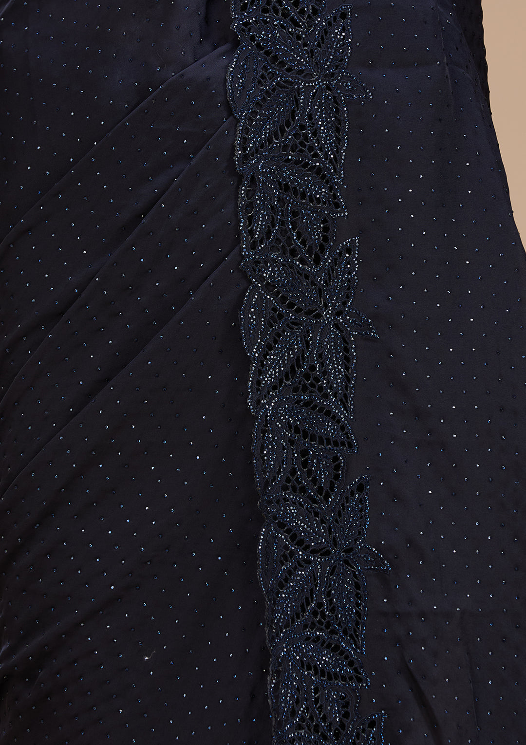 Navy Blue Satin Swarovski Saree With Matching Blouse Piece