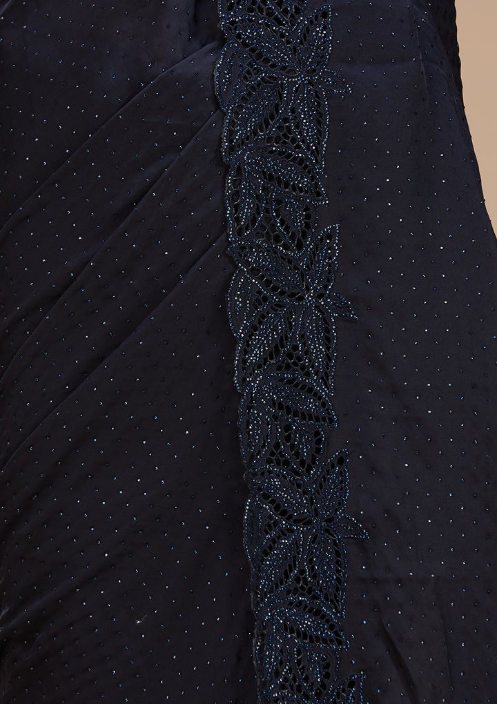Navy Blue Satin Swarovski Saree With Matching Blouse Piece