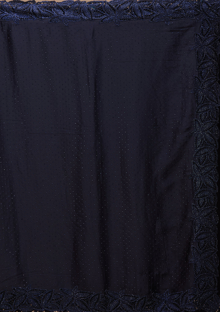 Navy Blue Satin Swarovski Saree With Matching Blouse Piece