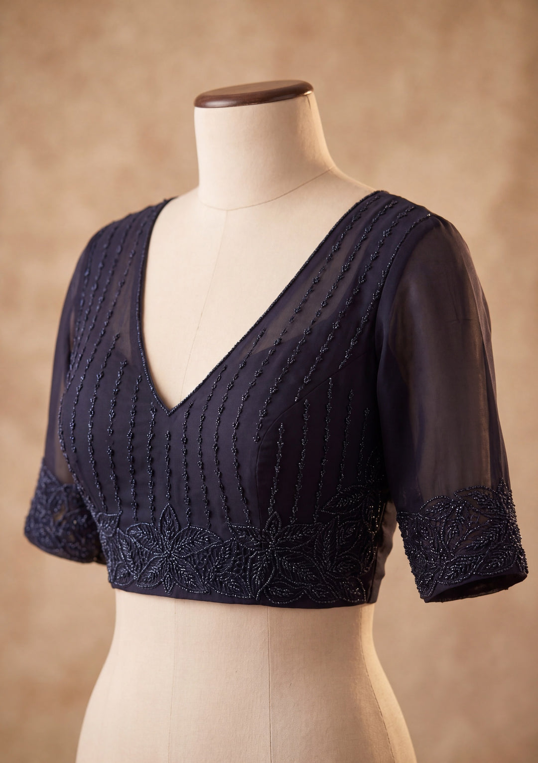 Navy Blue Satin Swarovski Saree With Matching Blouse Piece