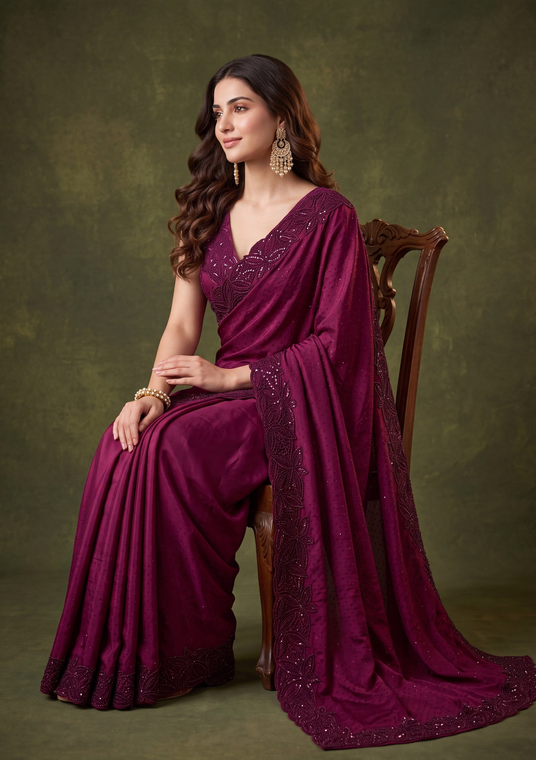 Wine Satin Swarovski Saree With Matching Blouse Piece