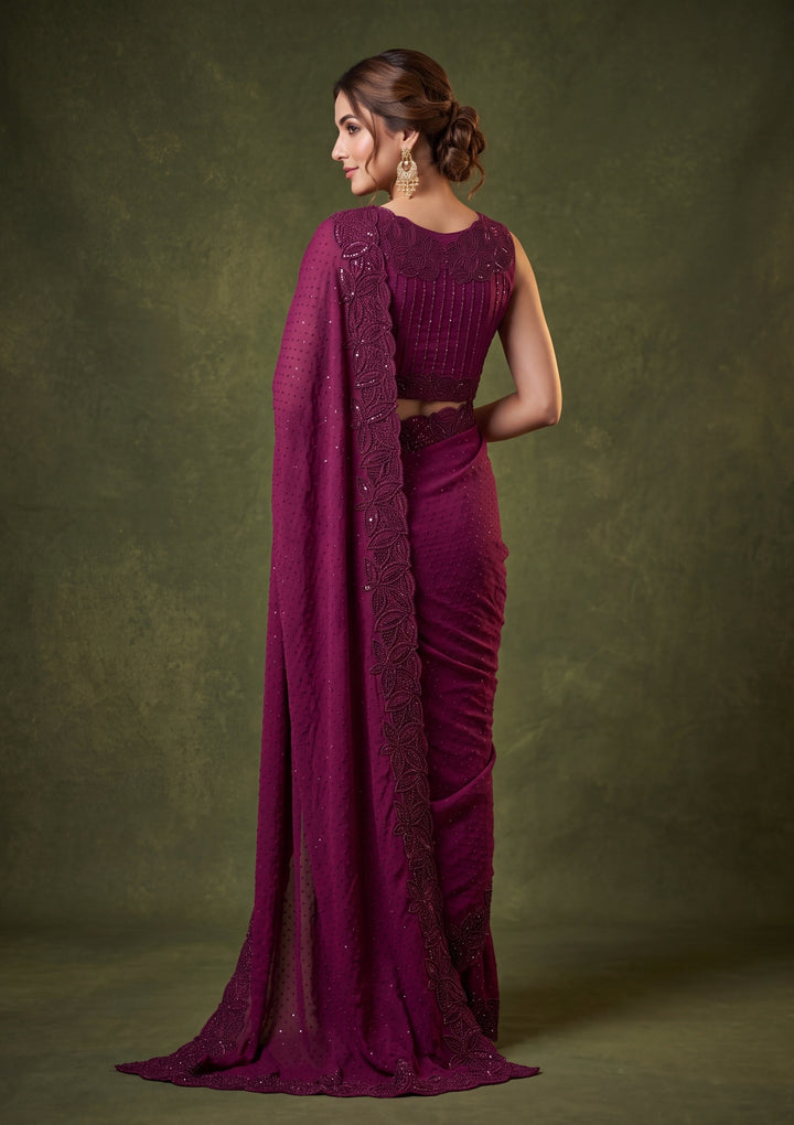 Wine Satin Swarovski Saree With Matching Blouse Piece