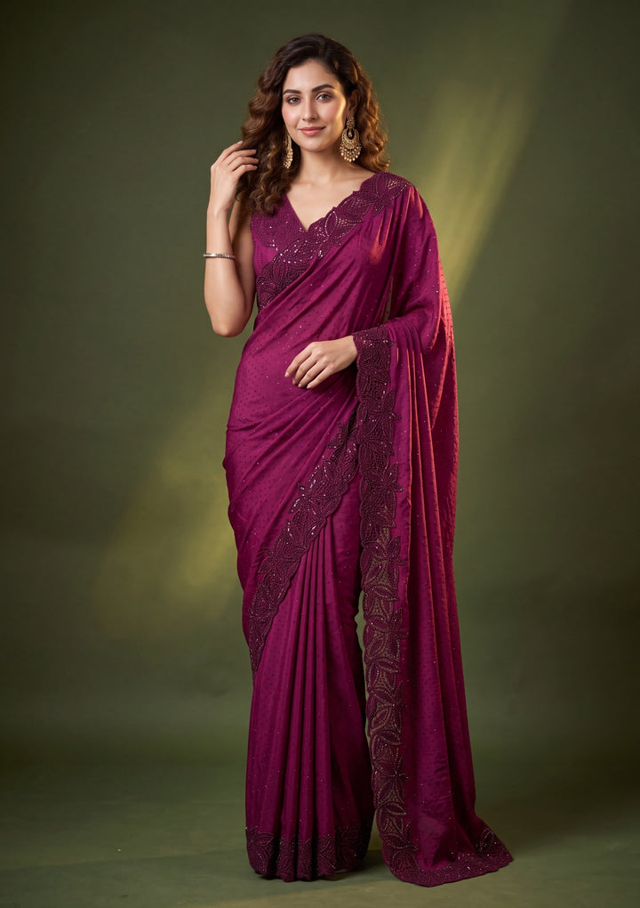 Wine Satin Swarovski Saree With Matching Blouse Piece