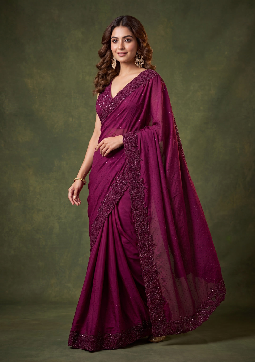 Wine Satin Swarovski Saree With Matching Blouse Piece