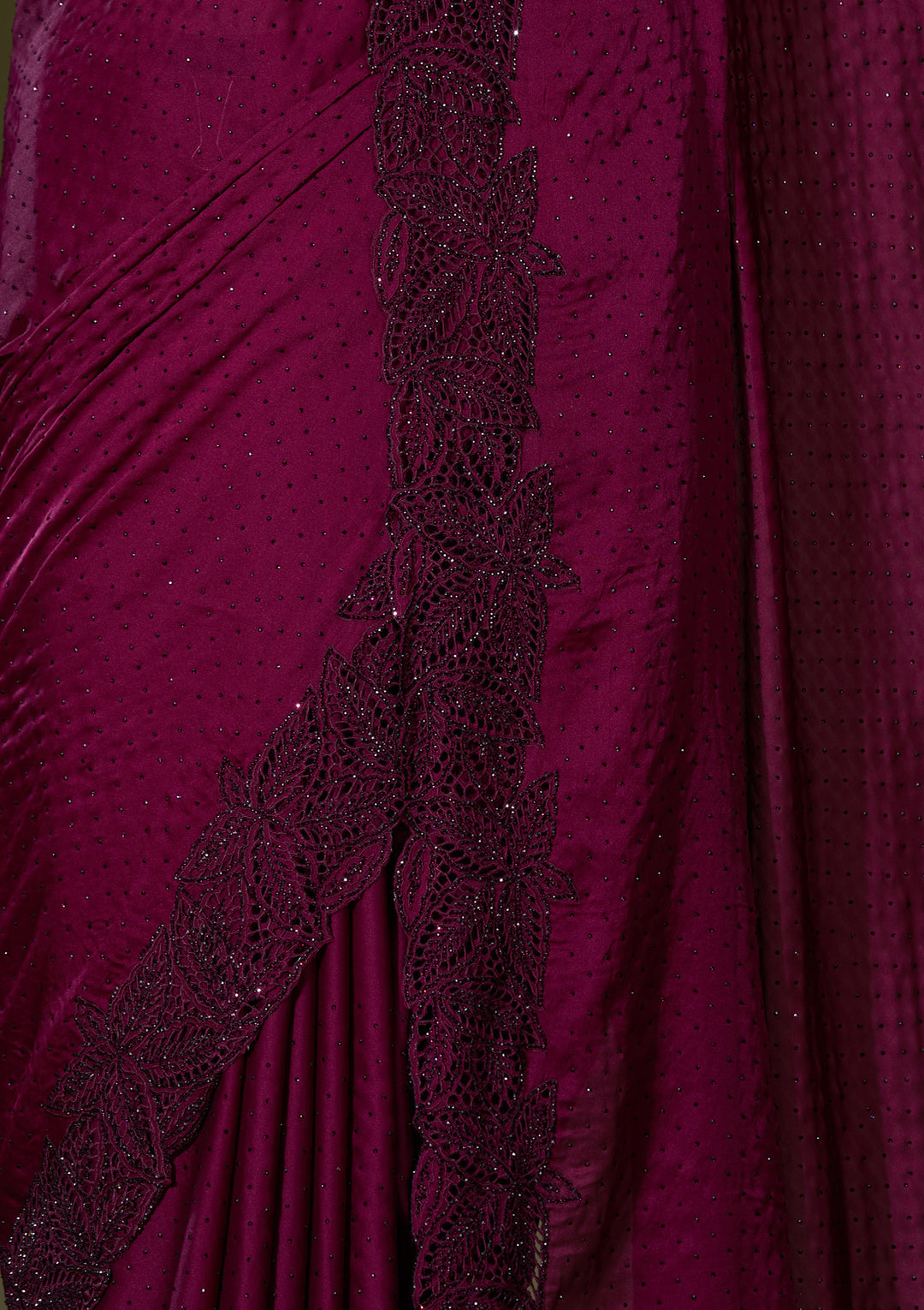 Wine Satin Swarovski Saree With Matching Blouse Piece
