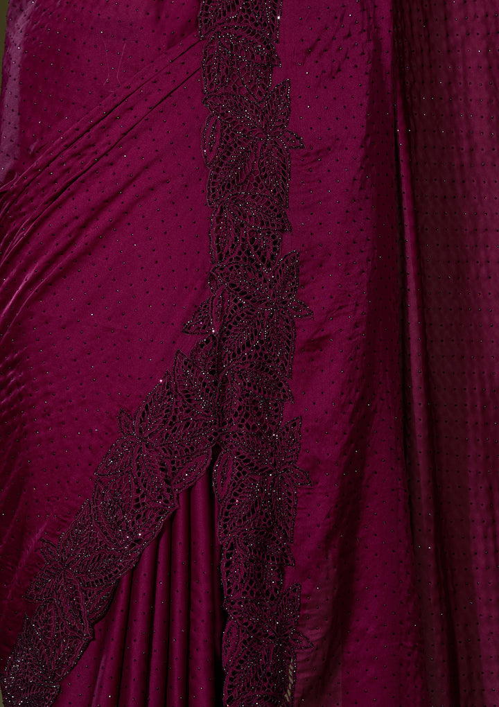 Wine Satin Swarovski Saree With Matching Blouse Piece