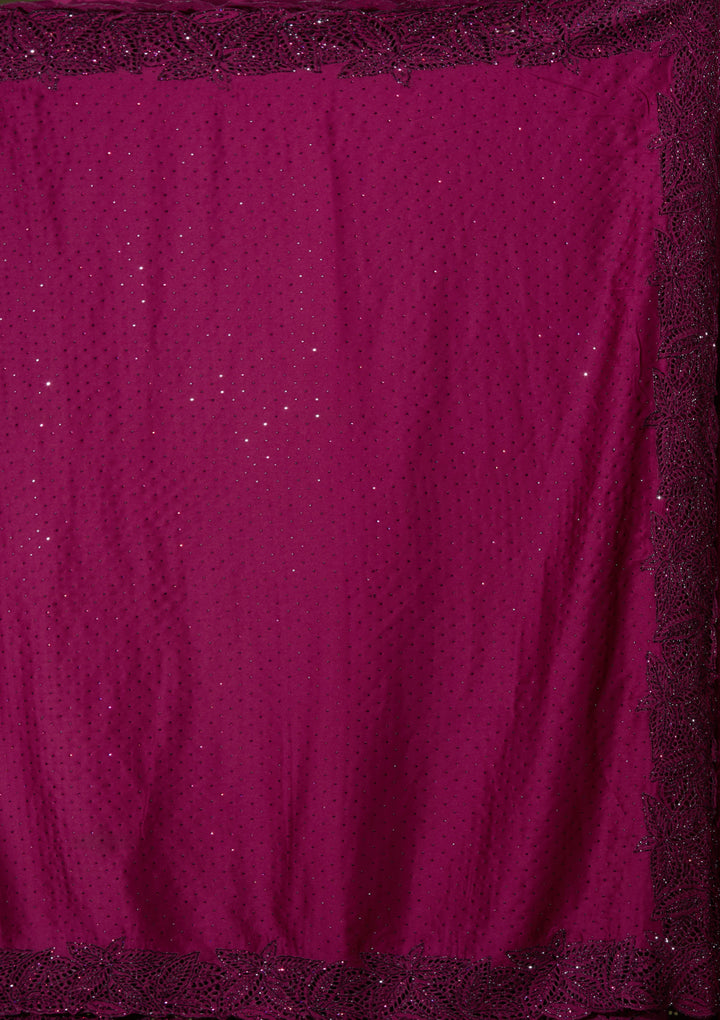Wine Satin Swarovski Saree With Matching Blouse Piece