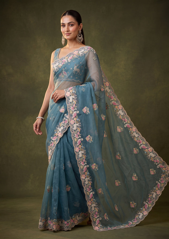 Blue Satin Gold Zariwork Saree With Matching Blouse Piece