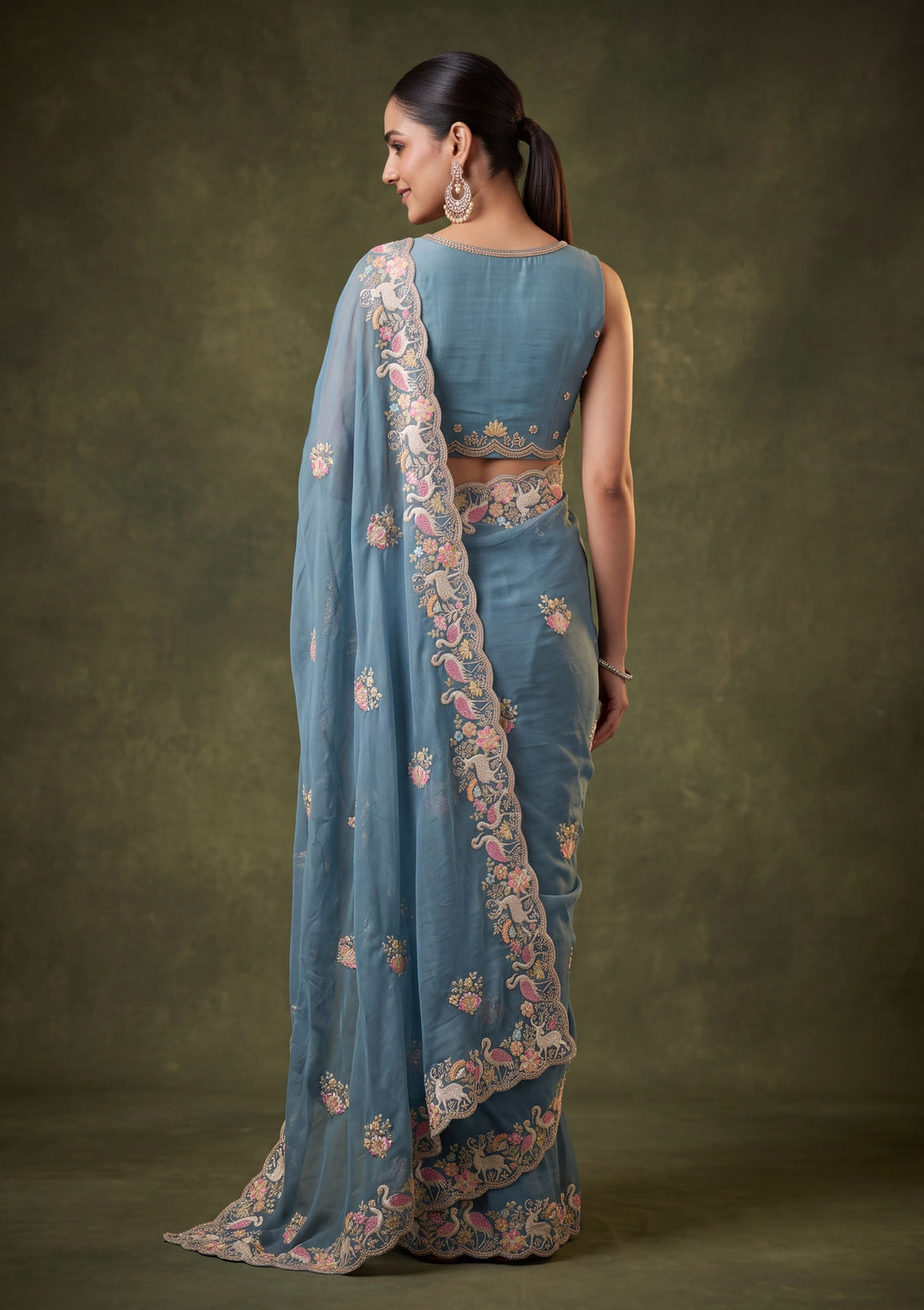 Blue Satin Gold Zariwork Saree With Matching Blouse Piece