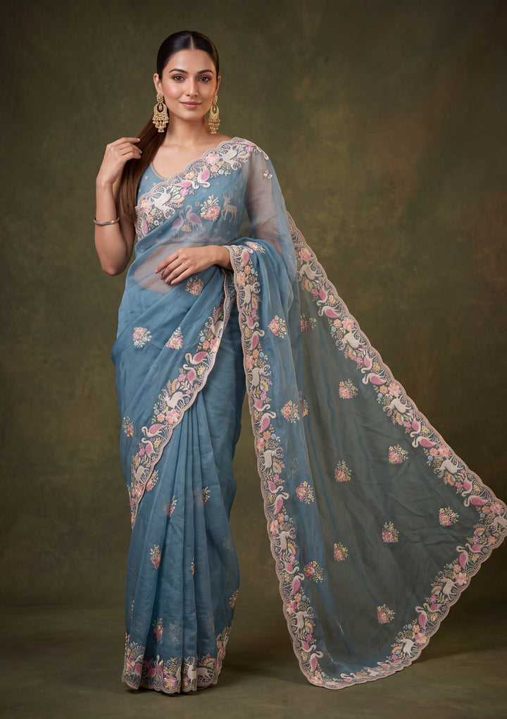 Blue Satin Gold Zariwork Saree With Matching Blouse Piece