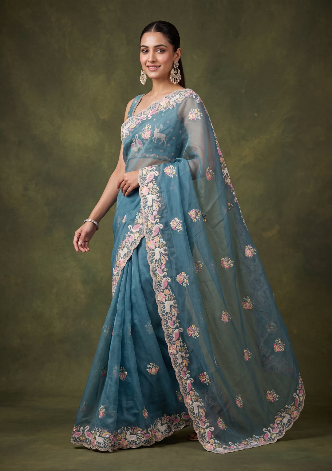 Blue Satin Gold Zariwork Saree With Matching Blouse Piece