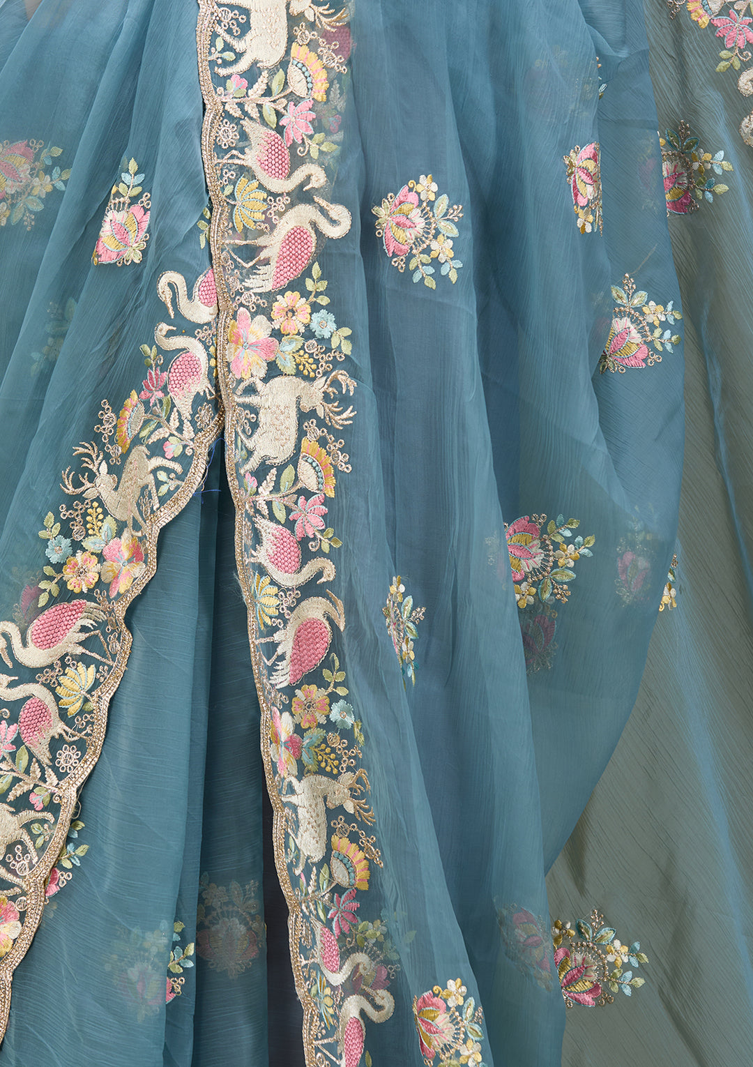 Blue Satin Gold Zariwork Saree With Matching Blouse Piece