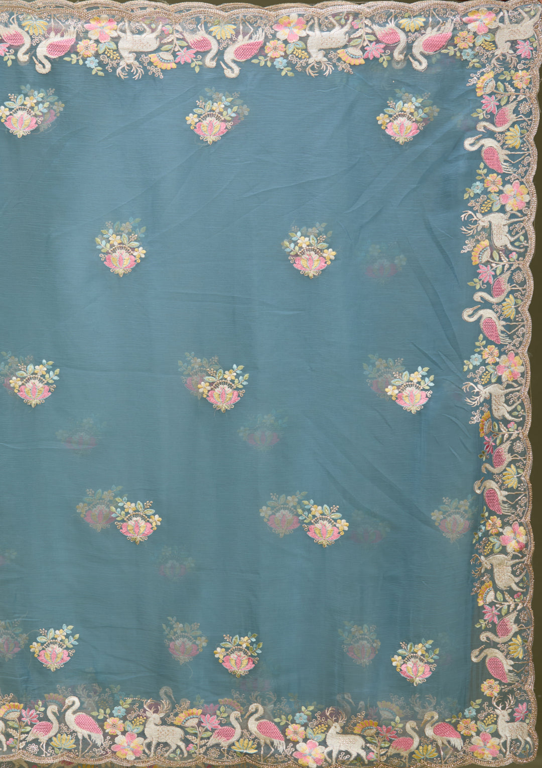 Blue Satin Gold Zariwork Saree With Matching Blouse Piece