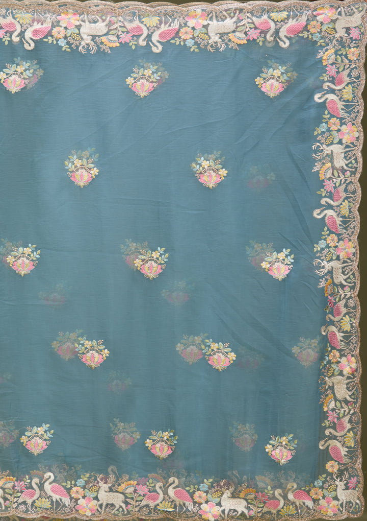 Blue Satin Gold Zariwork Saree With Matching Blouse Piece