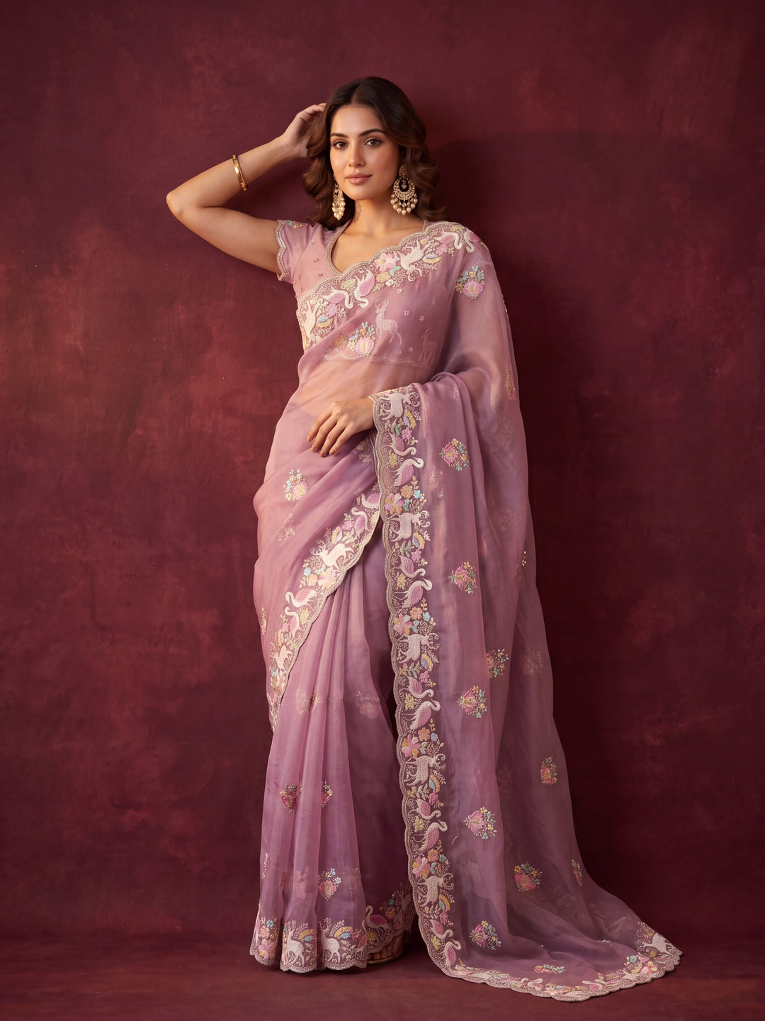 Lavender Crepe Sequins Saree With Matching Blouse Piece
