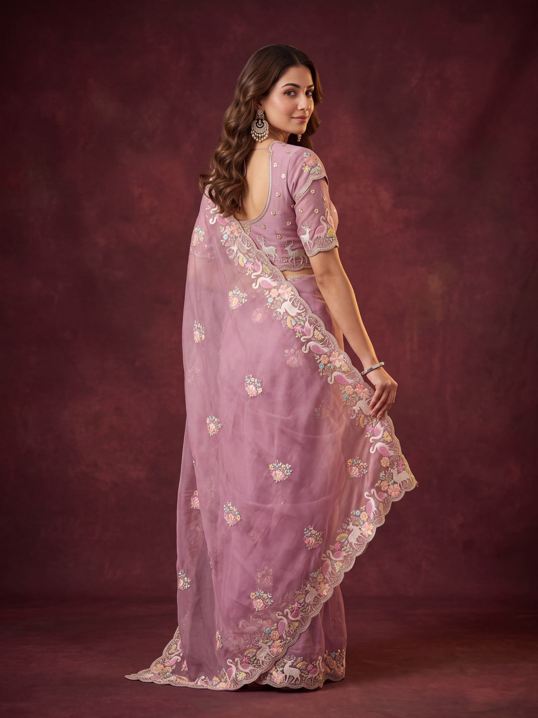 Lavender Crepe Sequins Saree With Matching Blouse Piece