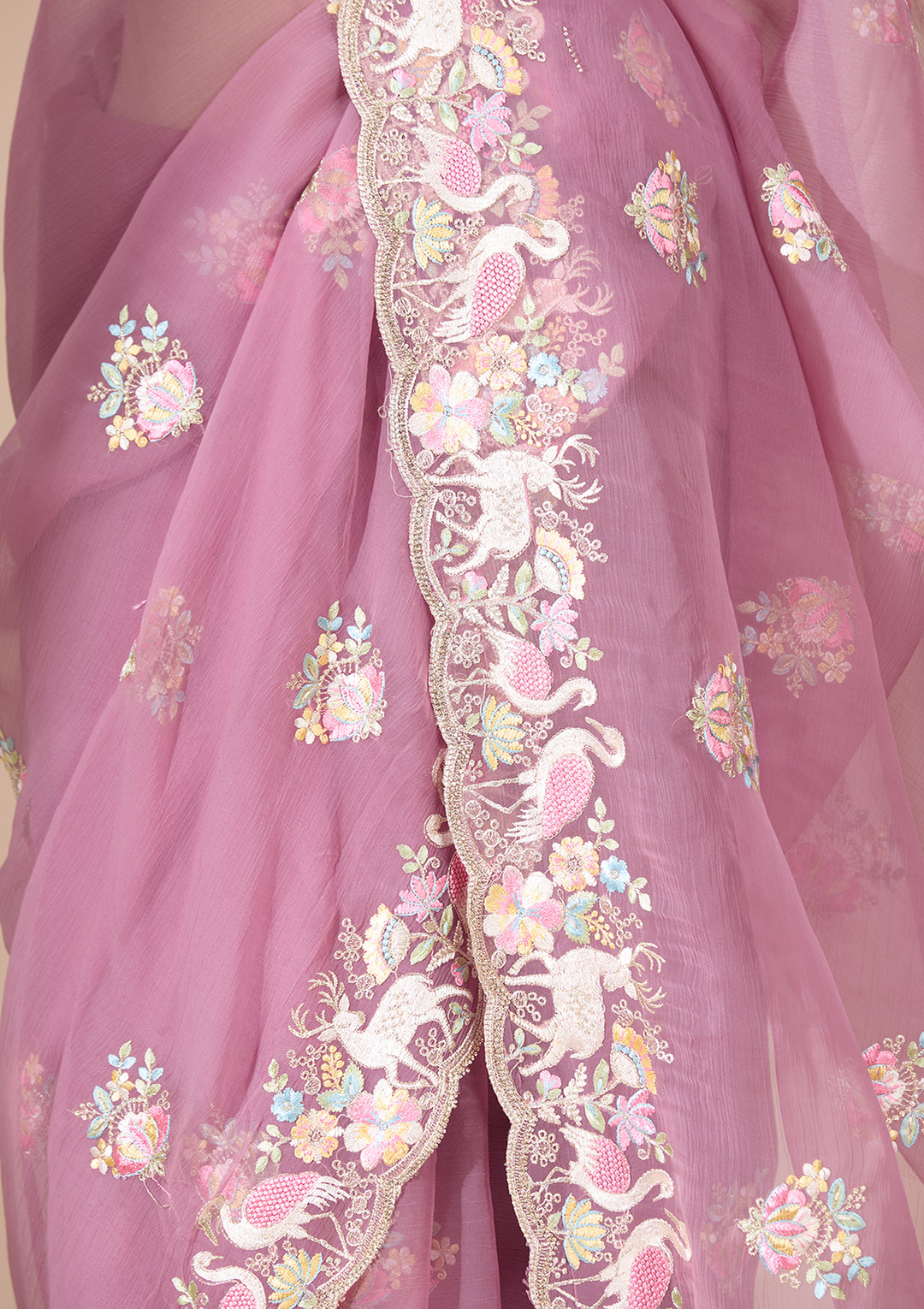 Lavender Crepe Sequins Saree With Matching Blouse Piece