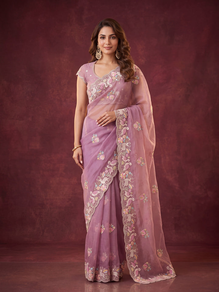 Lavender Crepe Sequins Saree With Matching Blouse Piece