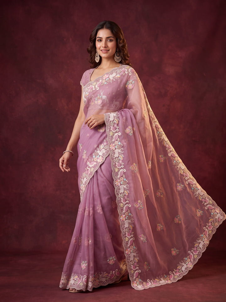 Lavender Crepe Sequins Saree With Matching Blouse Piece