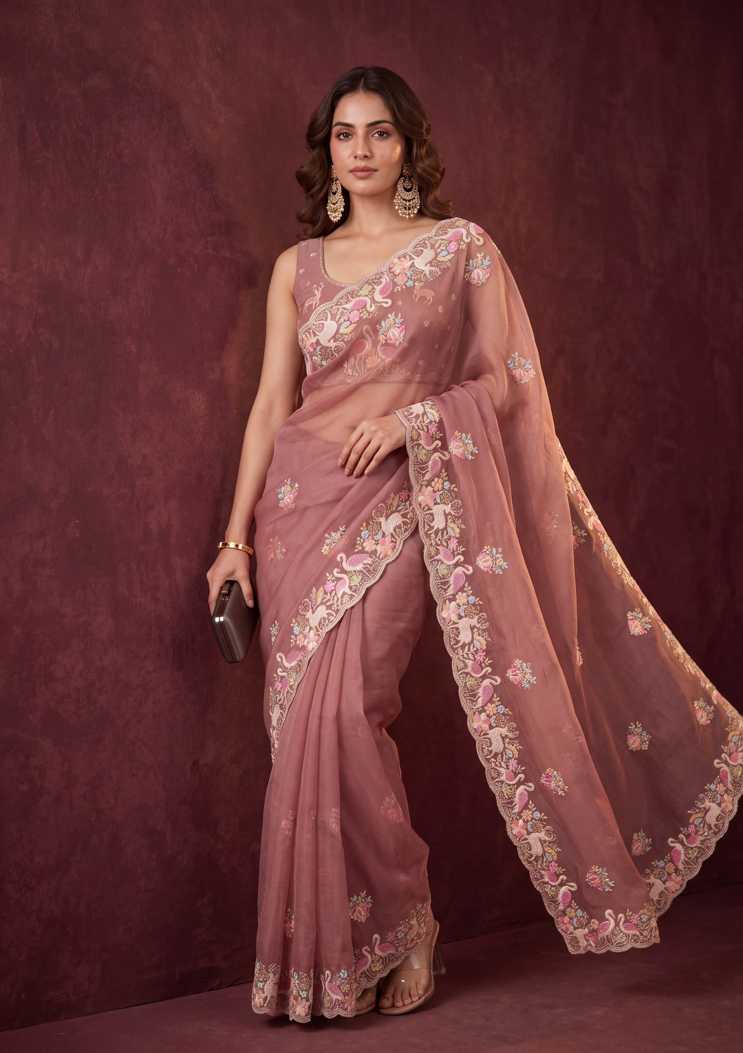 Rust Crepe Sequins Saree With Matching Blouse Piece