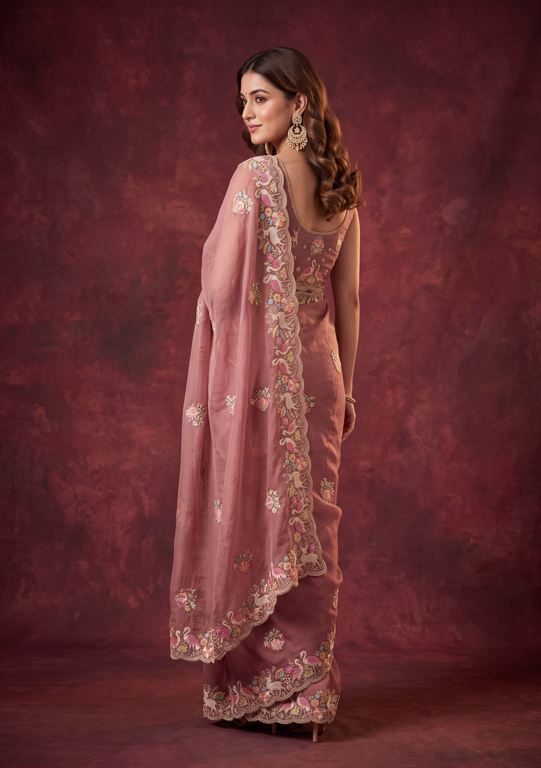 Rust Crepe Sequins Saree With Matching Blouse Piece