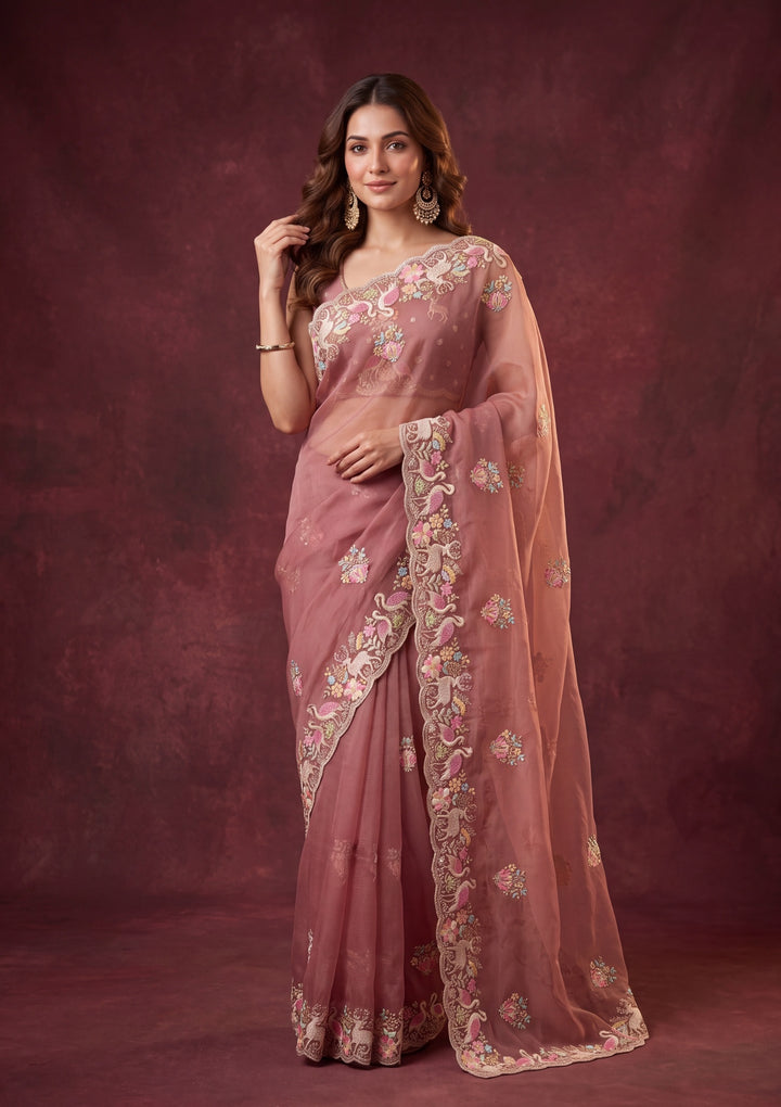 Rust Crepe Sequins Saree With Matching Blouse Piece