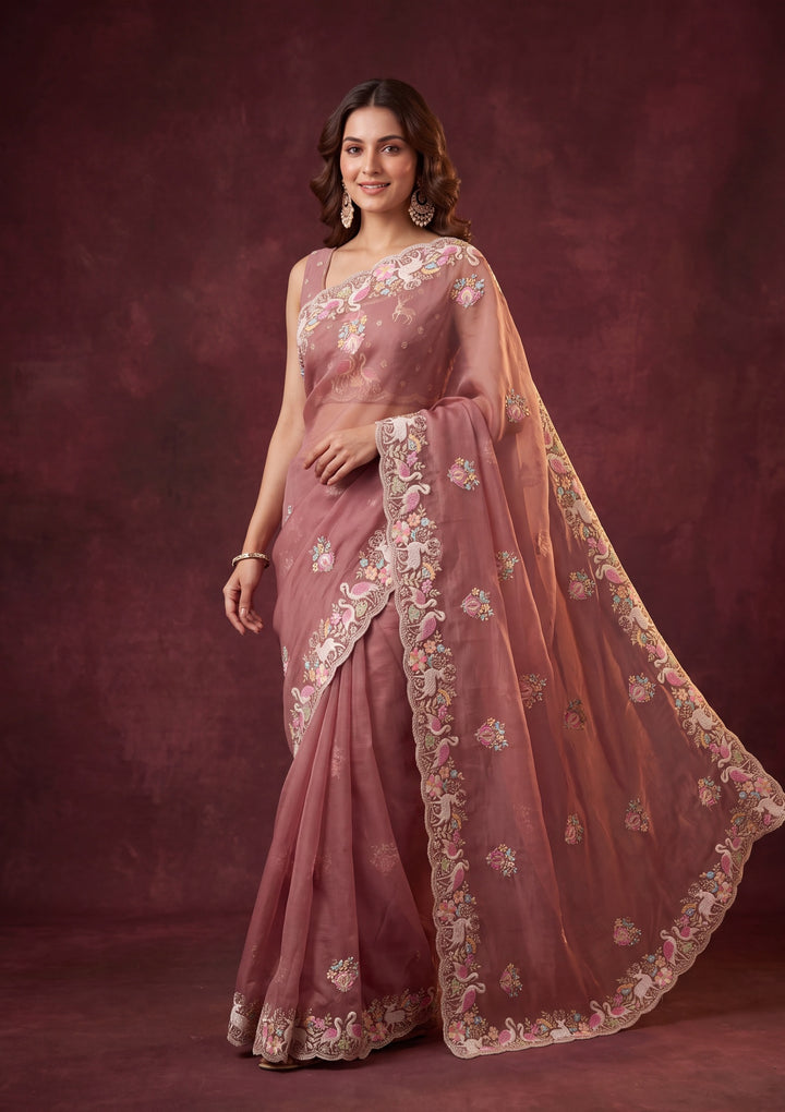 Rust Crepe Sequins Saree With Matching Blouse Piece